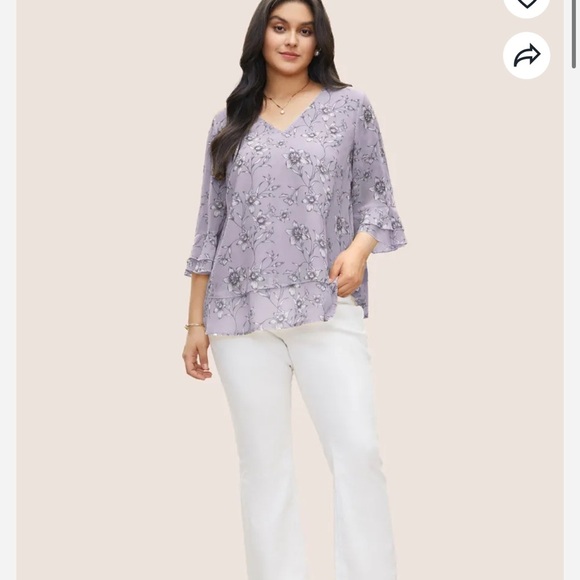 BloomChic Plus Size Daffodils Print Tiered Ruffle Sleeve Mesh Blouse - Picture 5 of 5